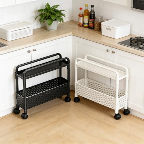 2-Tier Rolling Storage Cart with Wheels, Slim Plastic Organizer Rack for Kitchen, Bedroom, and Bathroom, 15.74x5.12x16.54in (White) - color: White