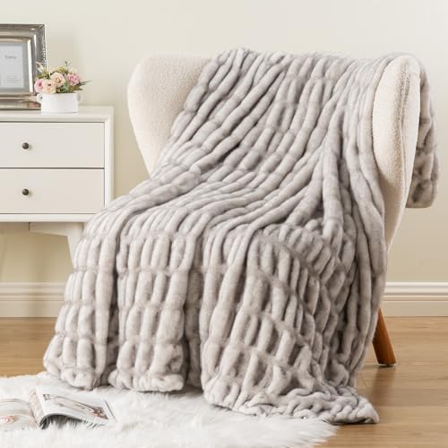 Battilo Rabbit Faux Fur Throw Blanket for Couch, Soft Fluffy Ruched Fur Blanket, Cozy Thick Warm Fuzzy Black Mink Blanket for Bed Chair Home Decor 60"x80"(Tip Dye Black) - color: Black Tip, size: 60"x80"