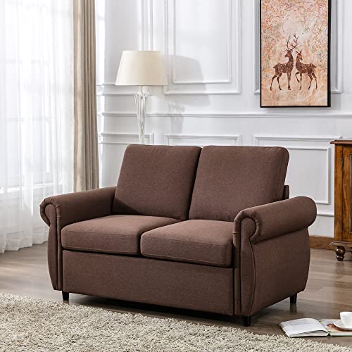 Pull Out Sleeper Sofa Loveseat Sleeper, Linen Upholstered Couch with Twin Size Memory Foam Mattress, for Living Room Small Spaces (Brown-Pull Couch) 59 L *31.1W*35.4H inches