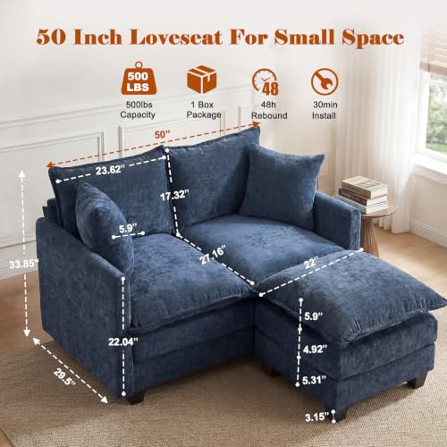 50'' L-Shape Loveseat Sofa with 22" Ottoman, 2 Seat Modern Cloud Couch with 2 Washable Pillows for Small Space Apartment Office Living Room Bedroom, Blue - color: Blue, size: 50"L