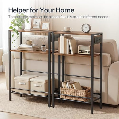 HOOBRO 15.7" Narrow Console Table with Charging Station, 3 Tier Entryway Table for Small Space, Behind Couch Table, Sofa Table, for Entryway, Hallway, Living Room, Rustic Brown and Black BF42UXG01 - color: Rustic Brown + Black