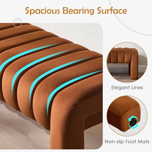 63" Bedroom Bench, Upholstered Entryway Bench, Modern End of Bed Ottoman with Solid Wood Legs and Adjustable Foot Pegs for Entryway, Dining Room and Living Room (Brown Velvet) - color: Brown Velvet, size: 63"
