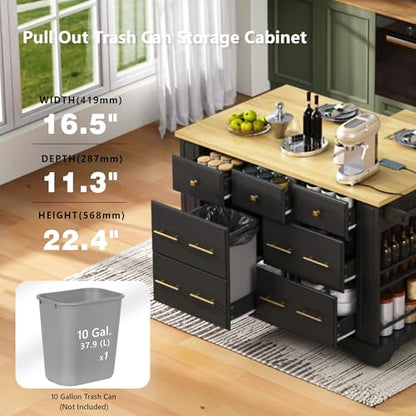 Charging Kitchen Island with 6 Drawers & Drop Leaf, Mobile Cabinet w/Trash Bin Compartment (Not Included), Rustic Wood Cart for Small Spaces (Black/D6) - color: Black/D6)