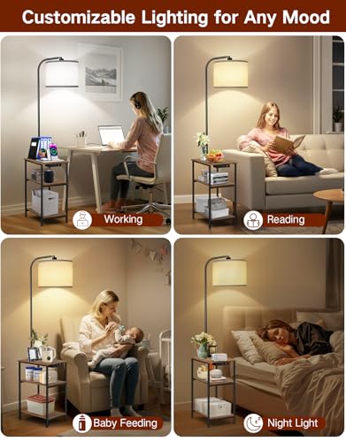 Floor Lamp with Table & Remote, Side End Table with Charging Station, Dimmable Nightstand with 3 Color Temperatures, 1-Hour Timer, 12W LED Bulb, for Living Room, Bedroom - color: Rustic Brown