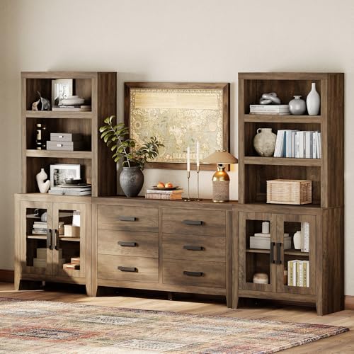 WAMPAT Farmhouse Entertainment Center with Bookshelves, TV Stand Set with Glass Doors & 6 Drawers, Wood Media Console for Living Room, Bedroom, Brown - color: Brown