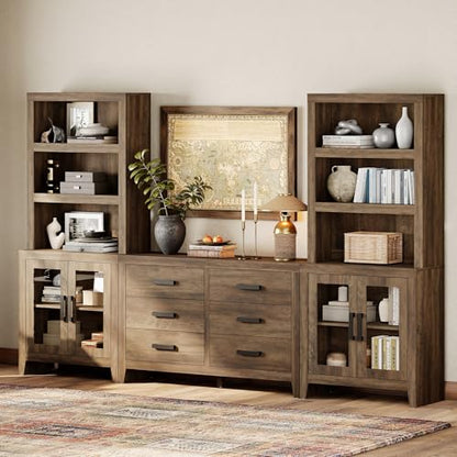 WAMPAT Farmhouse Entertainment Center with Bookshelves, TV Stand Set with Glass Doors & 6 Drawers, Wood Media Console for Living Room, Bedroom, Brown - color: Brown