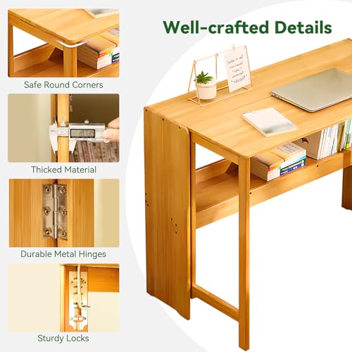 Bamboo Folding Desk Mid Century Modern Desk for Home Office Bedroom Small Spaces，Natural - color: Natural, size: 21.65"D x 32.68"W x 29.92"H