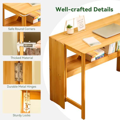 Bamboo Folding Desk Mid Century Modern Desk for Home Office Bedroom Small Spaces，Natural - color: Natural, size: 21.65"D x 32.68"W x 29.92"H