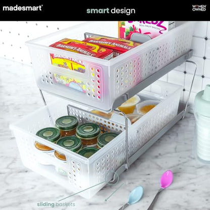 madesmart Two Tier Pull Out Organizer, Frost | adjustable dividers, tiered access, cleaning supplies, under sink use, pantry bottles, woman owned - color: Frost + Dividers, size: 1-Pack