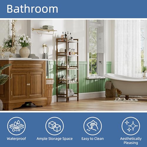 HITNET Bamboo Book Shelf, Tall Narrow Bookcase, Bathroom Shelving Unit 5 Tier Floor Standing Adjustable Bookshelf for Small Spaces, Walnut - color: Walnut