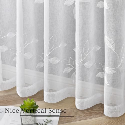 Tollpiz White Leaf Sheer Tier Curtains Leaves Embroidered Kitchen Short Curtain Rod Pocket Voile Bathroom Curtains for Cafe, 30 x 24 inches Long, Set of 2 Panels | Short Curtain Leaves Embroidered Rod Pocket Voile Bathroom Window Treatment for Cafe, Set o