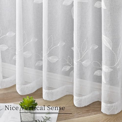 Tollpiz White Leaf Sheer Tier Curtain Kitchen 30 x 36 Inches | Leaves Embroidered Curtains Rod Pocket Voile Bathroom Window Treatment for Cafe, Set of 2 Panels - color: White, size: 30"W x 36"L (Pack of 2)