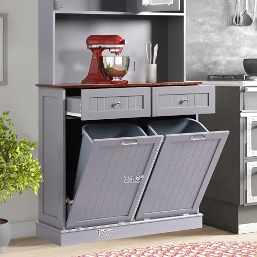 68.4" Kitchen Pantry Storage Cabinet, Freestanding Cupboard with Shelf, 2 Drawers and 2 Tilt Out Trash Cabinet, Tall Cabinets for Kitchen, Dinning Room, Living Room (Elegant Grey, Double Tilt) - color: Elegant Grey