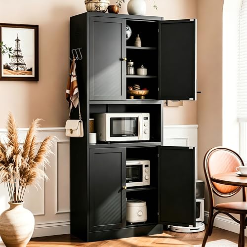 AQY Metal Pantry Cabinet, 72" Black Kitchen Storage Cabinet with Doors | Microwave Stand 3 Adjustable Shelves Freestanding Storage Metal Cabinet Kitchen Organization - color: Black, style: H72" - 4 Doors Wire Hole Hooks & Vents