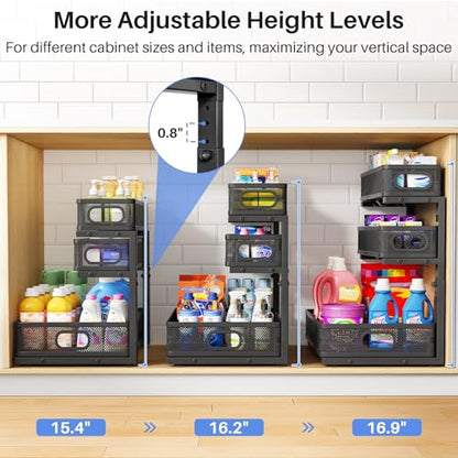 Under Sink Organizer, 3-Tier Thickened Metal Pull out Cabinet Organizer Shelf, Height Adjustable Slide out Storage Drawer Rack for Kitchen Bathroom Pantry Laundry Home Organization, 2-Pack, Black | 35% More Storage Capacity, Carbon Steel, Hold Up 55lbs, S