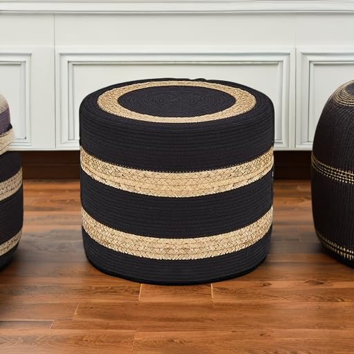 Wimarsbon 18'' Ottoman Pouf, Natural Braided Poof, Rustic Handweave Lounge Pouffe, Boho Footrest Stool for Bedroom, Accent Table or Seat for Living Room (Natural Water Hyacinth + Black Cotton Rope) - color: 18inch Natural Water Hyacinth + Black Cotton Rop