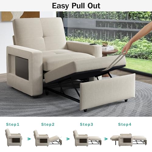 Sunny Heart 42.5" W Oversized Sleeper Chair Bed, 3-in-1 Convertible Reclining Sofa Chair with Pull Out Couch Bed, Adjustable Backrest, Side Pockets, Cup Holder, USB Ports & Side Table, Premium Beige - color: Beige, size: 42.5 inch