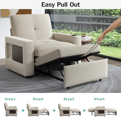 Sunny Heart 42.5" W Oversized Sleeper Chair Bed, 3-in-1 Convertible Reclining Sofa Chair with Pull Out Couch Bed, Adjustable Backrest, Side Pockets, Cup Holder, USB Ports & Side Table, Premium Beige - color: Beige, size: 42.5 inch