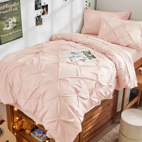 JOLLYVOGUE Twin Comforter Set 5 Pieces - Bed in a Bag Twin for All Season, Pintuck Bedding Comforter Sets with Comforter, Flat Sheet, Fitted Sheet and Pillowcases & Shams, Blush Pink - color: Blush Pink, size: Twin