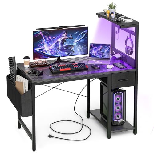 Grandder Gaming Desk 47 Inch with Power Outlet and LED Light, Computer Desk with Reversible Shelves and Storage Drawer, Pc Small Desk for Home Office Table with Bag, Carbon Fiber Black - color: Black, size: 47 Inch
