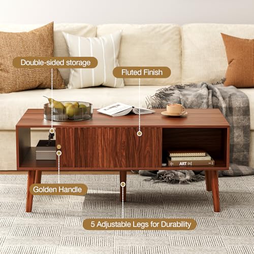 LCRBOL Coffee Table with Fluted Sliding Door, Mid-Century, Walnut | 39.3"L x 19.7"W x 17.1"H, double-sided sliding door & open shelf (7.5" clearance), golden knob, 5 tapered legs - color: Walnut(lsj012-wa)