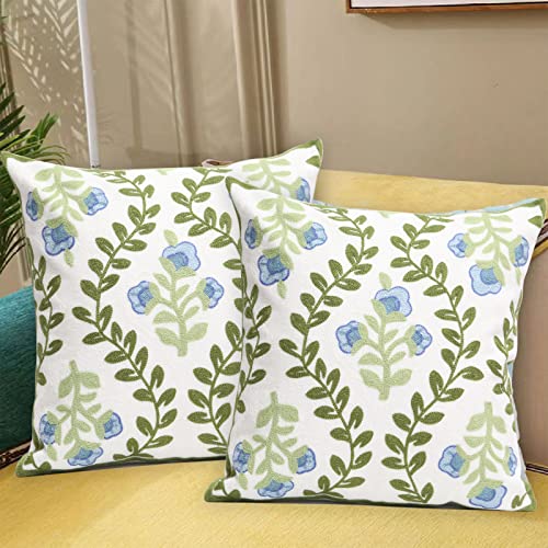 Set of 2 Embroidered Decorative Throw Pillow Covers Couch Square Pillowcases Cushion for Bedroom Sofa Farmhouse Decor 18x18 Inch (Blue Floral) - color: Blue Floral