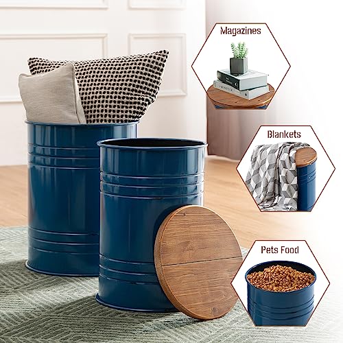 Glitzhome Rustic Storage Ottoman Seat Stool, Farmhouse Nesting End Table, Galvanized Barrel Metal Accent Side Table Toy Box Bin with Round Wood Lid for Living Room, Set of 2, Navy Blue - color: Navy Blue