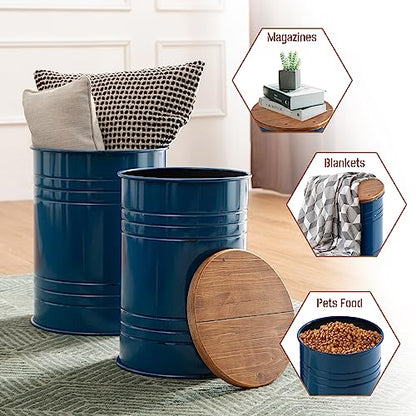Glitzhome Rustic Storage Ottoman Seat Stool, Farmhouse Nesting End Table, Galvanized Barrel Metal Accent Side Table Toy Box Bin with Round Wood Lid for Living Room, Set of 2, Navy Blue - color: Navy Blue