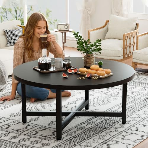 Round Coffee Table, 31.5" Black Coffee Table, Coffee Tables for Living Room | Circle Wooden Coffee Table, Large Modern Center Table with Metal Frame for Office Apartment Home Small Space - color: 31.5"d Round Black