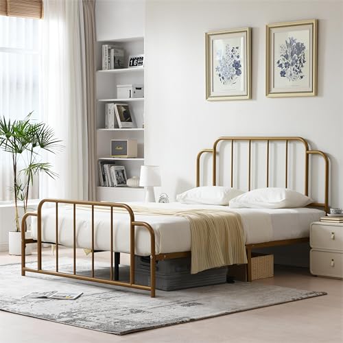 PINJU Metal Platform Bed Frame with Headboard and Footboard, Classic Style, Sturdy Metal Slats, No Box Spring Needed, Easy Installation (Gold, Full) - color: Gold, size: Full