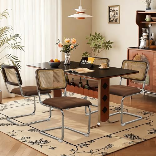 Rattan Dining Chairs Set of 4,Linen Cesca Chair Kitchen Chair,Coffee2 | VICBARLEY Mid Century Modern Dining Chairs,Wood Cane Backrest&Chrome Base,Upholstered Side Chair for Dining Room,Kitchen - color: Coffee2, size: Set of 4