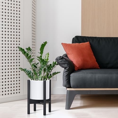 D'vine Dev Plastic Pot with Ebony Wood Stand, White, 8 in, 55-C-K-1 | Mid-Century Inspired Design, Elevated Plant Display, Clean Lines, Sturdy Support, Modern Space-Saving Style - color: Matte White Pot + Ebony Stand, size: 8 Inch