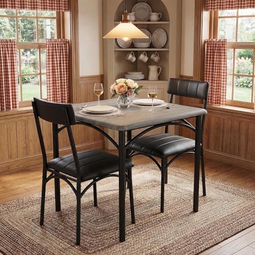 GAOMON Dining Table Set for 2, Kitchen Table and Chairs for 2 with Upholstered Chairs, 3 Piece Dining Room Table Set, Square Kitchen Table Set for Small Space, Apartment, Studio, Rustic Gray - color: Rustic Gray, size: Table and 2 Upholstered Chairs