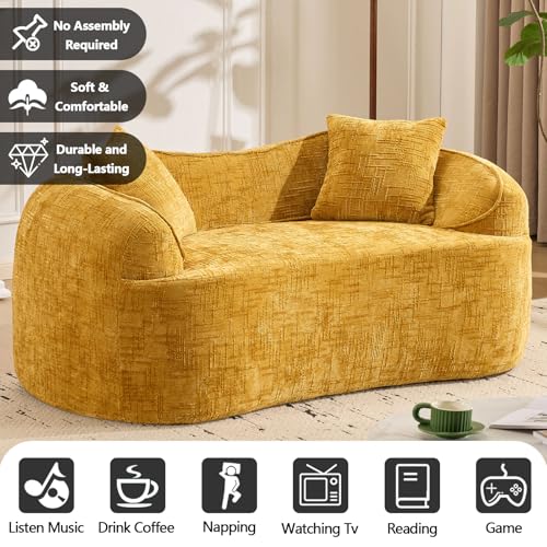 67" Curved Loveseat Sofa with 2 Pillows, Modern Boneless Couch in a Box, Small Cloud Loveseat for Bedroom Small Space Apartment Living Room, Memory Foam, Chenille, No Assembly (Yellow) - color: Yellow