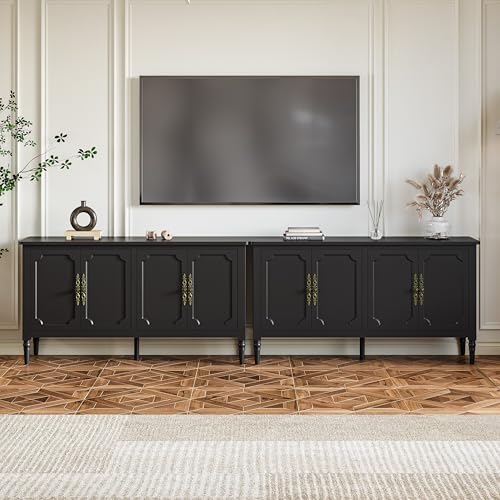 RoyalCraft 118" Buffet Cabinet with Storage, Vintage Sideboard with Adjustable Shelves, Mid Century Modern Painted Credenza Coffee Bar for Kitchen, Dining Room, Entryway, Living Room, Satin Black - color: Satin Black, size: 2 Pieces
