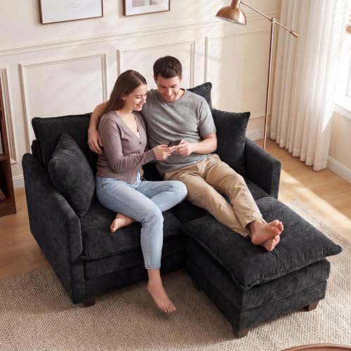 50'' Loveseat Sofa Set with Ottoman, Small Couch Set 2 Piece Cloud Love Seat 27" Deep Seat Washable Pillows Couches for Small Spaces Apartment Living Room, Black - color: Black, size: 50"+50"L