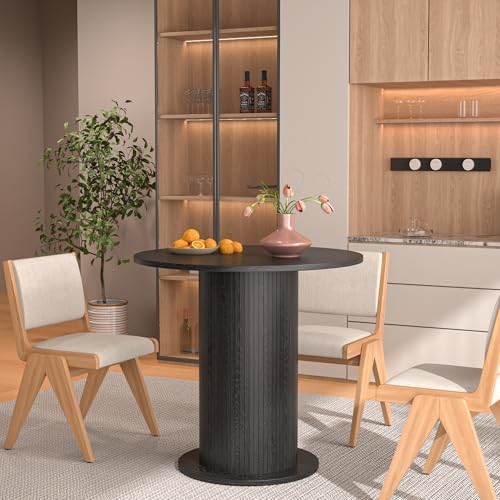 31.5 inch Round Dining Table for 2, Modern Farmhouse Kitchen Table | Small Circle Dining Tables with Wood Strip Base for Kitchen Living Room - color: Black