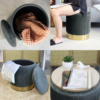 YYW HOME Gray Round Ottoman with Storage Set of 2 | Large storage capacity, Removable Lid, Used for Vanity Stoo,l Assemble Free, Nesting Packing - color: Grey
