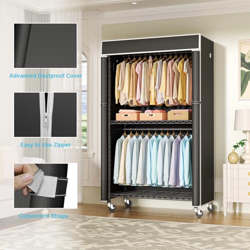 Clothing Rack with Cover, P1C Rolling Closets with Wheels | Metal Garment Rack for Hanging Clothes, Clothing Storage Wardrobe with Cover - color: Black Rack With Black Cover