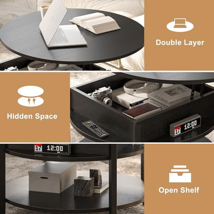 FABATO 26.77” Round Lift Top Coffee Table with Storage, Black | Farmhouse Coffee Table, 2 Tier Small Round Center Table, Center Table for Living Room, Circle Dining Table - color: Black