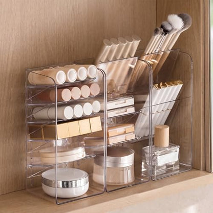 PAVSTINE 3-Pack Medicine Cabinet Organizer, Clear Open Storage Compartment with Adjustable Dividers, for Lip Oil/Lip Pencil/Eye Shadow Palette/Foundation Storage - size: 2-Tier & 3-Tier & 5-Tier Slant Set