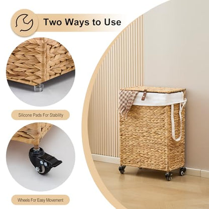 Rolling Laundry Hamper with Lid and Wheels, Slim Laundry Basket with Removable Liner Bag & 2 Mesh Bags, Handwoven Water Hyacinth Clothes Hamper for Bedroom Bathroom (Natural, 50L) - color: Natural/With Lid/50L