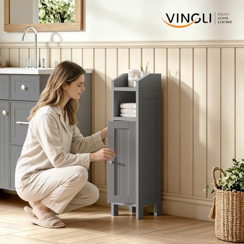 VINGLI Small Storage Corner Floor Cabinet, 7.9" Narrow Toilet Paper Storage Holder with Vertical Striped Door, Skinny Freestanding Organizer for Small Spaces, Slim Bathroom Storage Cabinet, Grey - color: Grey Ⅰ, size: 1-Door