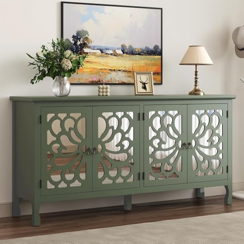 RoyalCraft 63'' Buffet Cabinet with Mirror Butterfly Carved Door, Sideboard Cabinet with Adjustable Shelves, Vintage Accent Credenza Media Console for Entryway, Kitchen, Forest Green - color: Forest Green