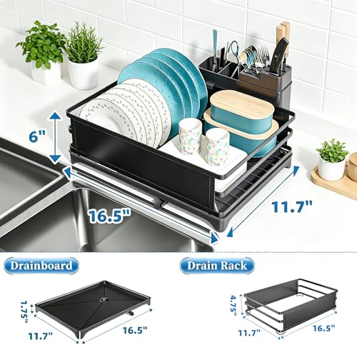 Simple Trending Dish Drying Rack for Kitchen Counter, 12" D x 16" W, Black | Stainless Steel Dish Rack for Kitchen Counter, Dish Drainer with Cutlery & Cup Holders, Anti-Rust, Counter Space Saving - size: 11.7"D x 16.5"W x 6"H