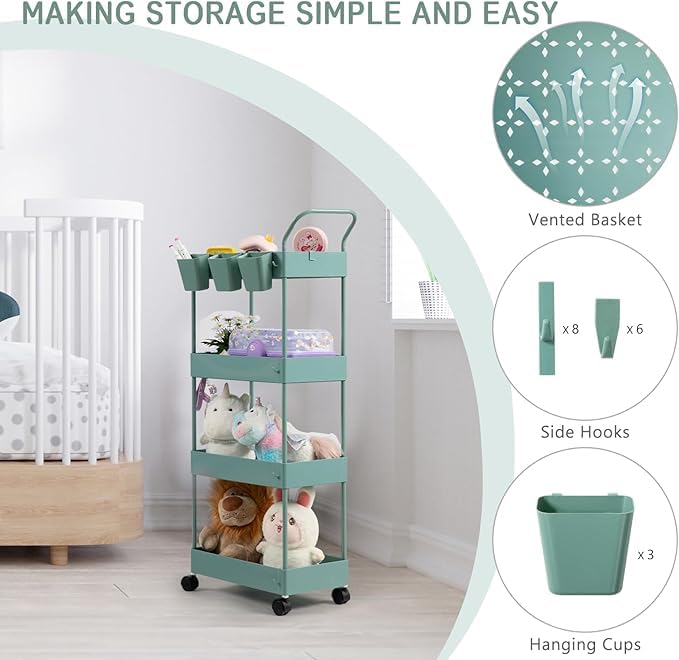 Slim Storage Cart on Wheels, 4 Tier Narrow Laundry Cart with Hooks Hanging Cups Dividers Mobile Rolling Lash Cart with Handle for Bathroom Small Spaces, Green - style: 4 Tier Green
