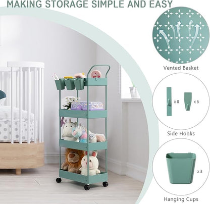 Slim Storage Cart on Wheels, 4 Tier Narrow Laundry Cart with Hooks Hanging Cups Dividers Mobile Rolling Lash Cart with Handle for Bathroom Small Spaces, Green - style: 4 Tier Green