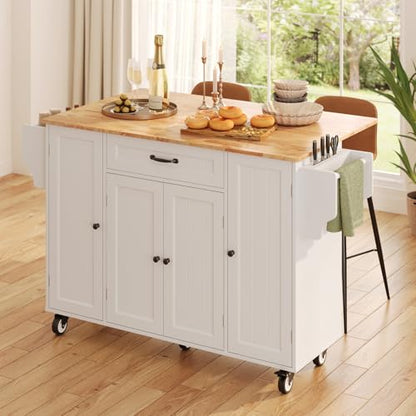 47.6" Kitchen Island with Storage, Drop Leaf, Knife Holder, White | Kitchen Island on Wheels with Door Cabinet, Drawer, Spice Rack, Towel Rack, and Knife Holder for Kitchen Storage - size: 47.6 Inch-White