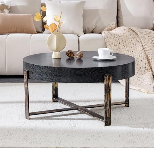 Round Coffee Table, Mid Century Small Coffee Table with Metal Legs, Wood Coffee Table Accent Center Table for Living Room Apartment Small Space (31.5''D-Black) - color: X Black
