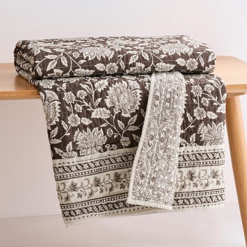 Levtex Home - Adare Cocoa Quilted Throw - (50x60in.) - Floral - Brown Taupe Cream - Reversible - Cotton - color: Cocoa
